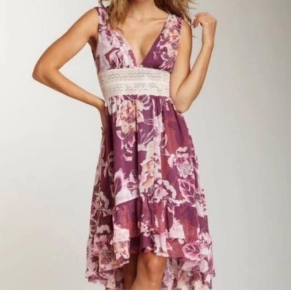 Free People Lovely Garden Dress Floral Hi Low Lace Waistband Size 12